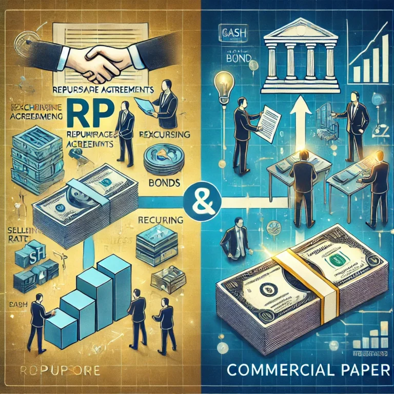 DALL·E 2024-12-05 13.04.06 - A comparative image representing RP (Repurchase Agreements) and Commercial Paper (발행어음). On the left, an RP is illustrated with a financial institutio