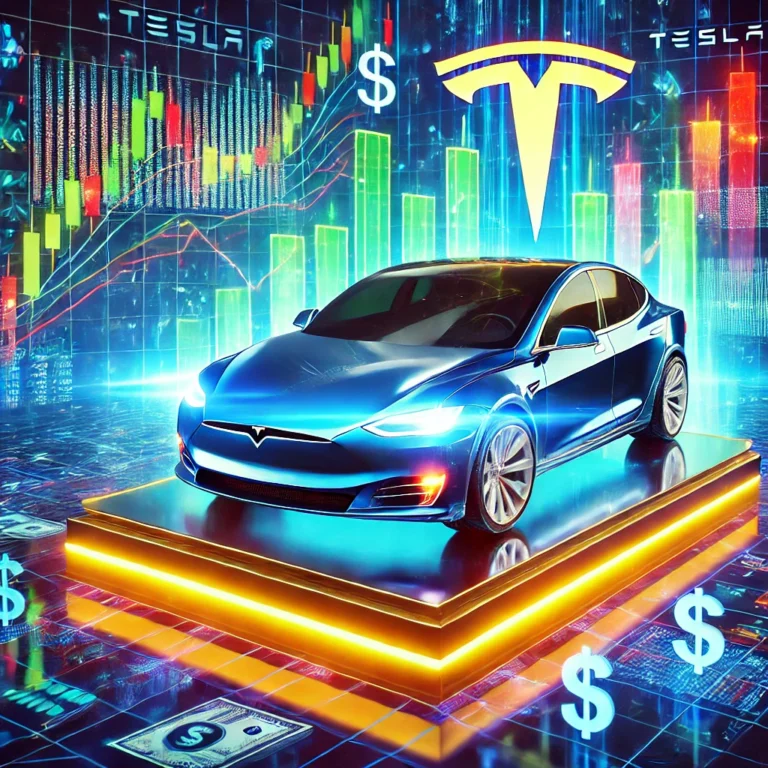 DALL·E 2024-12-09 13.25.18 - A visually engaging and vibrant illustration of a Tesla-themed double-leveraged ETF concept. The scene features a futuristic stock market setting with