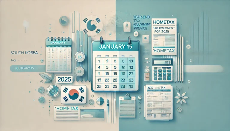 DALL·E 2025-01-06 17.50.03 - A split-image design representing South Korea's year-end tax adjustment process for 2025. The left half of the image showcases a digital calendar with